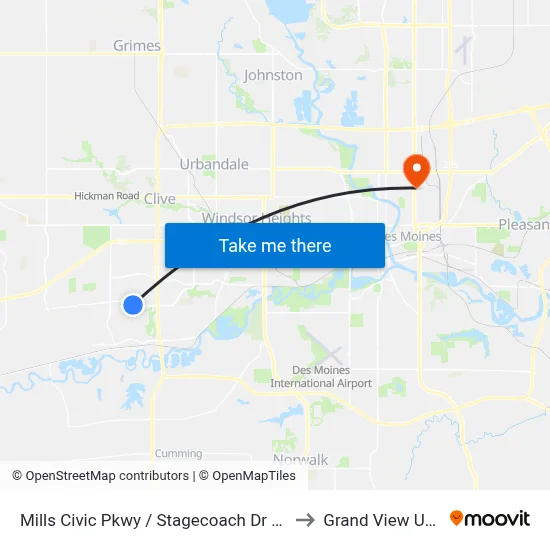 Mills Civic Pkwy / Stagecoach Dr (Far-Side), Wdm to Grand View University map