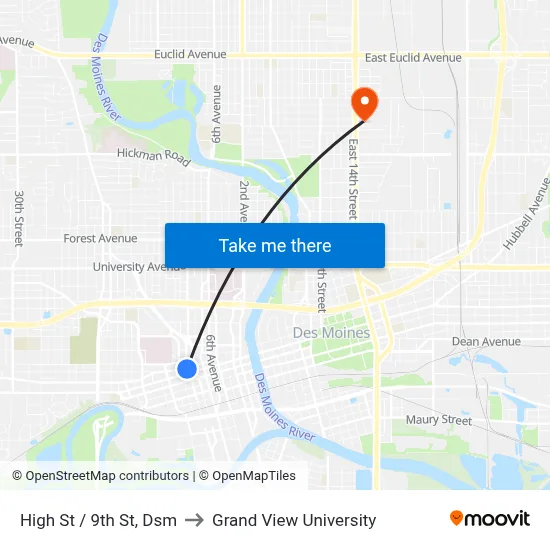 High St / 9th St, Dsm to Grand View University map