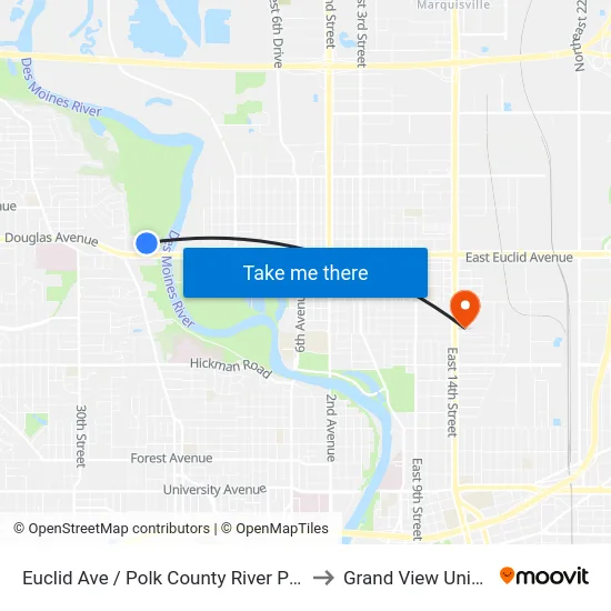 Euclid Ave / Polk County River Place, Dsm to Grand View University map