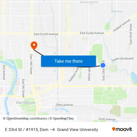 E 33rd St / #1915, Dsm to Grand View University map