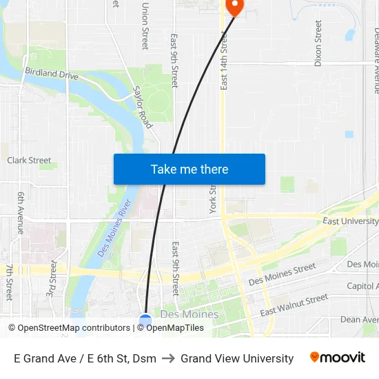 E Grand Ave / E 6th St, Dsm to Grand View University map
