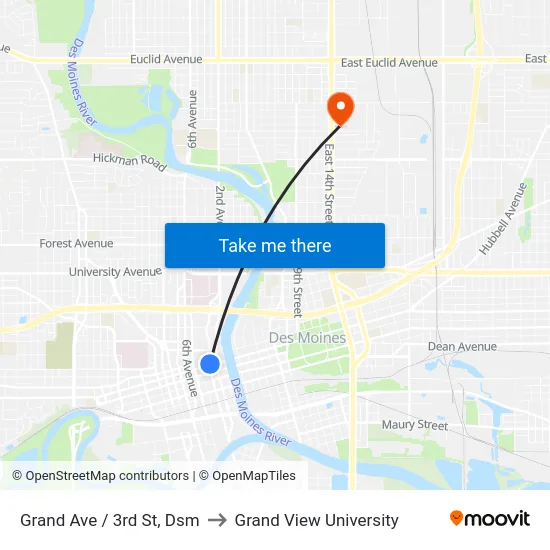 Grand Ave / 3rd St, Dsm to Grand View University map