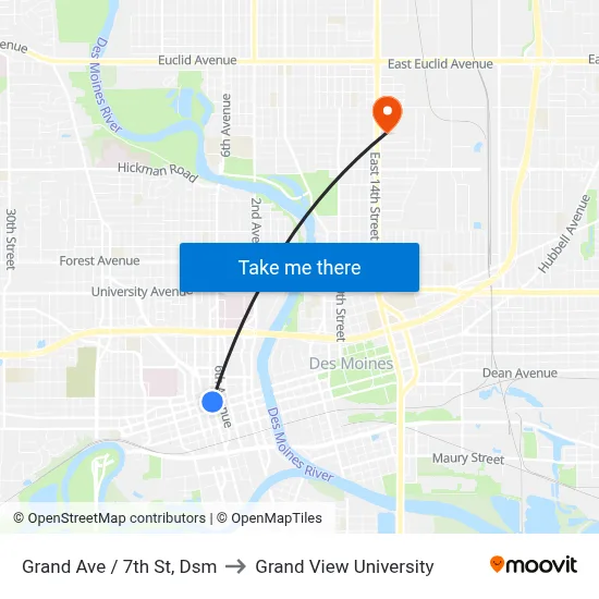 Grand Ave / 7th St, Dsm to Grand View University map