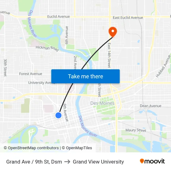 Grand Ave / 9th St, Dsm to Grand View University map