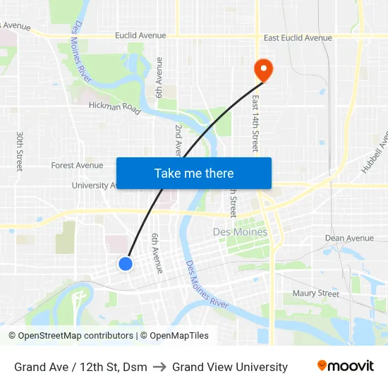 Grand Ave / 12th St, Dsm to Grand View University map