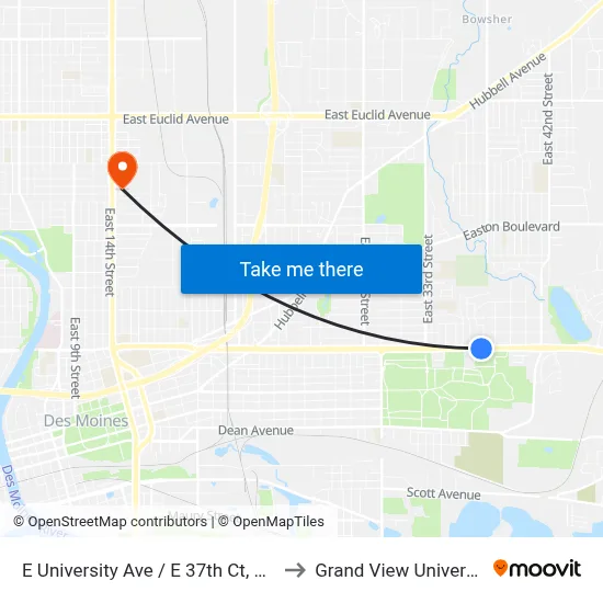 E University Ave / E 37th Ct, Dsm to Grand View University map