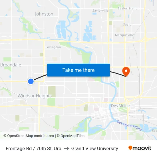 Frontage Rd / 70th St, Urb to Grand View University map