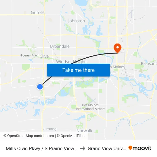 Mills Civic Pkwy / S Prairie View Dr, Wdm to Grand View University map