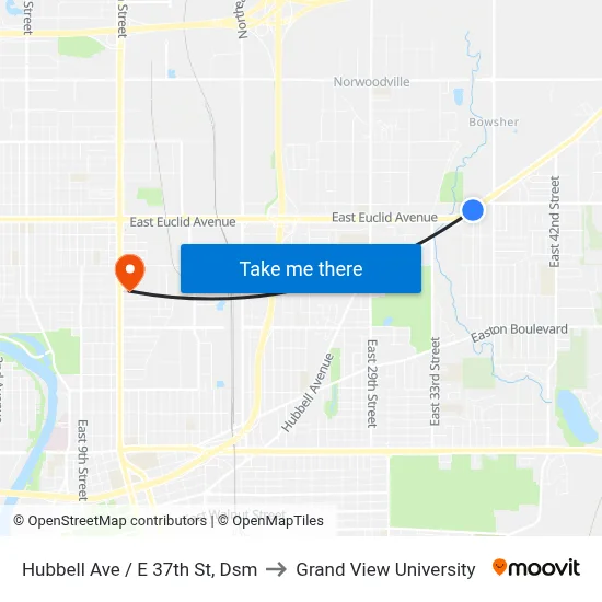 Hubbell Ave / E 37th St, Dsm to Grand View University map