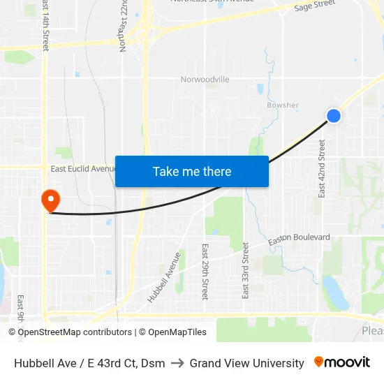 Hubbell Ave / E 43rd Ct, Dsm to Grand View University map
