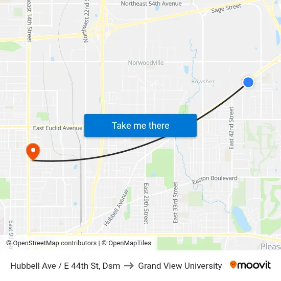 Hubbell Ave / E 44th St, Dsm to Grand View University map