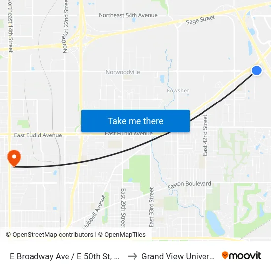 E Broadway Ave / E 50th St, Dsm to Grand View University map