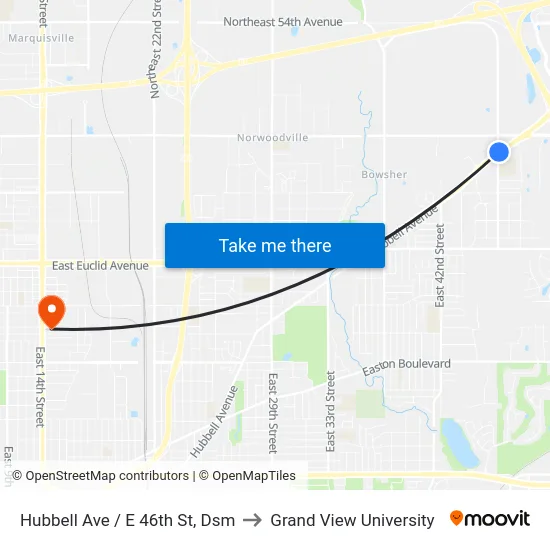 Hubbell Ave / E 46th St, Dsm to Grand View University map