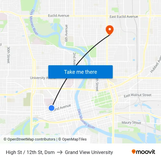 High St / 12th St, Dsm to Grand View University map