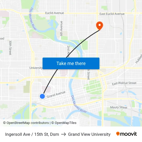 Ingersoll Ave / 15th St, Dsm to Grand View University map
