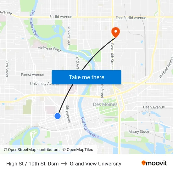 High St / 10th St, Dsm to Grand View University map