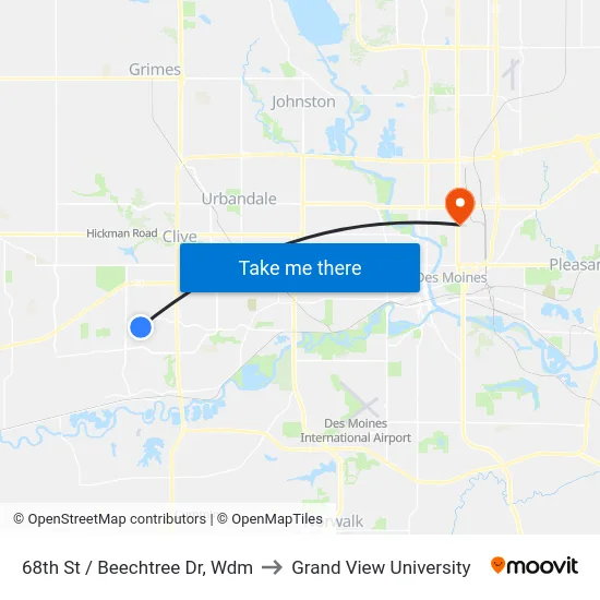 68th St / Beechtree Dr, Wdm to Grand View University map