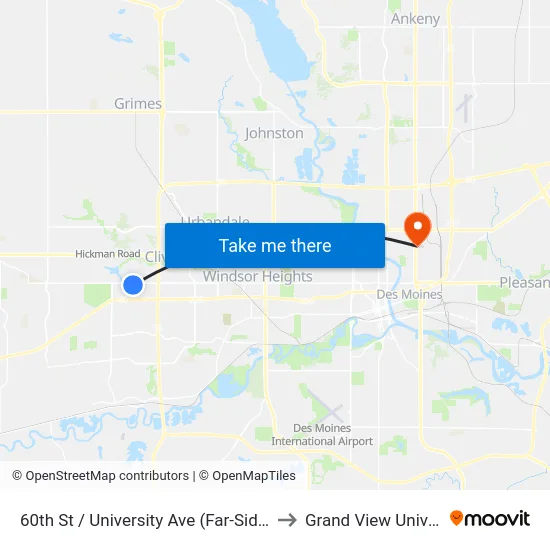 60th St / University Ave (Far-Side), Wdm to Grand View University map