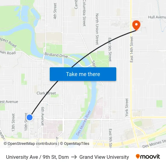 University Ave / 9th St, Dsm to Grand View University map