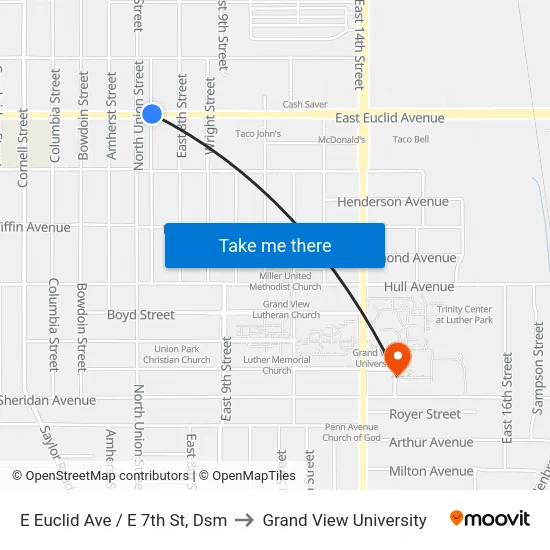 E Euclid Ave / E 7th St, Dsm to Grand View University map