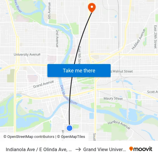 Indianola Ave / E Olinda Ave, Dsm to Grand View University map