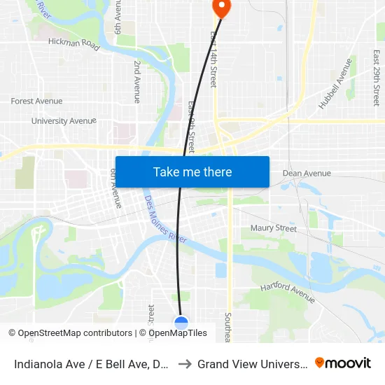 Indianola Ave / E Bell Ave, Dsm to Grand View University map