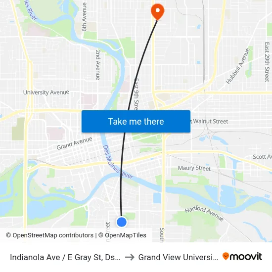 Indianola Ave / E Gray St, Dsm to Grand View University map