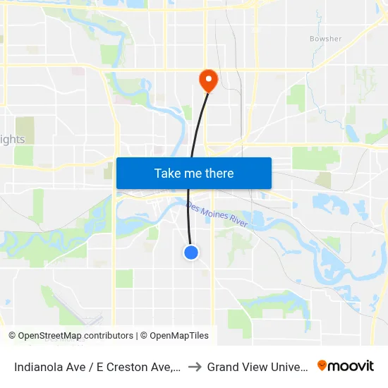 Indianola Ave / E Creston Ave, Dsm to Grand View University map