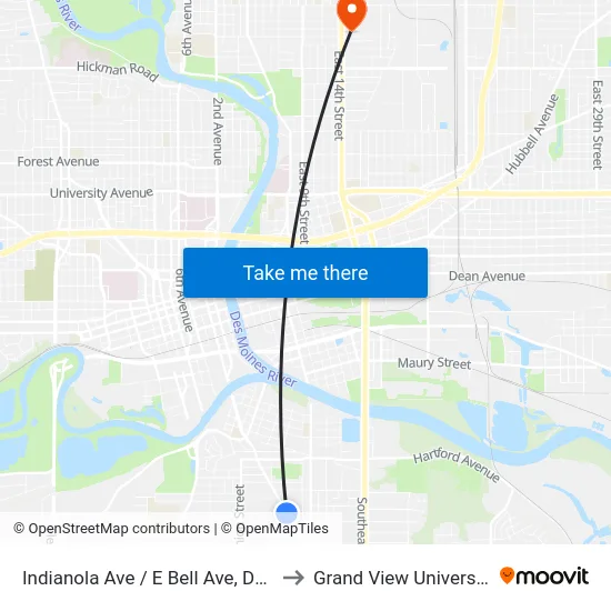 Indianola Ave / E Bell Ave, Dsm to Grand View University map