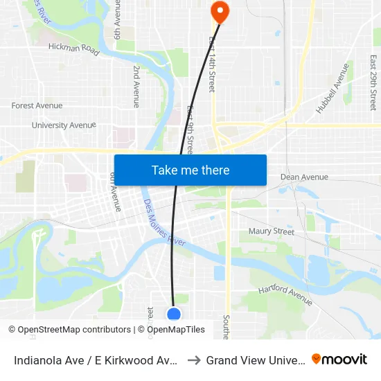 Indianola Ave / E Kirkwood Ave, Dsm to Grand View University map