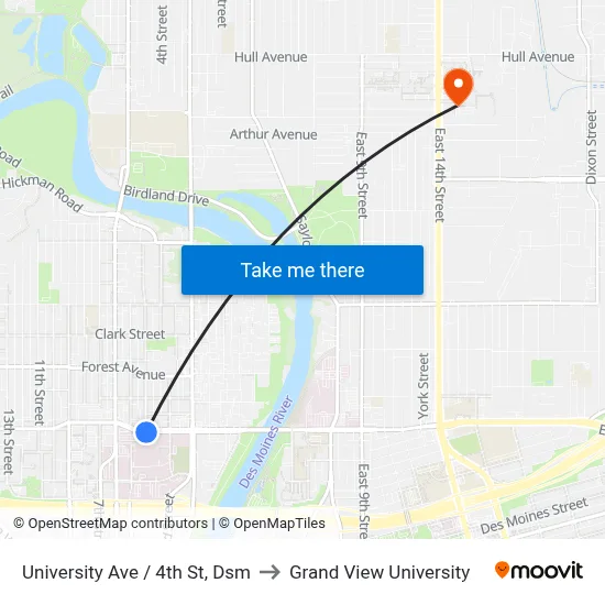 University Ave / 4th St, Dsm to Grand View University map