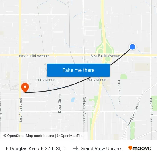 E Douglas Ave / E 27th St, Dsm to Grand View University map