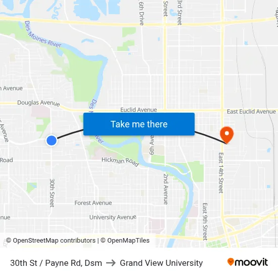 30th St / Payne Rd, Dsm to Grand View University map