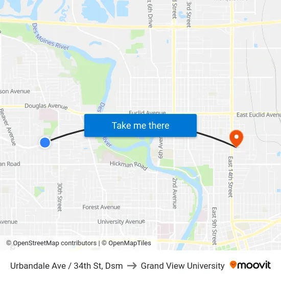 Urbandale Ave / 34th St, Dsm to Grand View University map