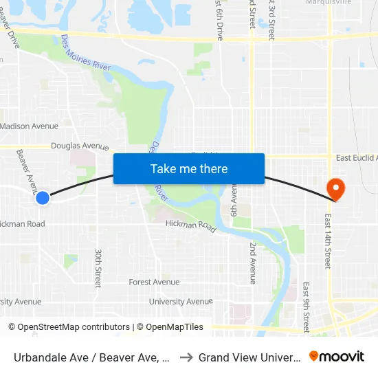 Urbandale Ave / Beaver Ave, Dsm to Grand View University map