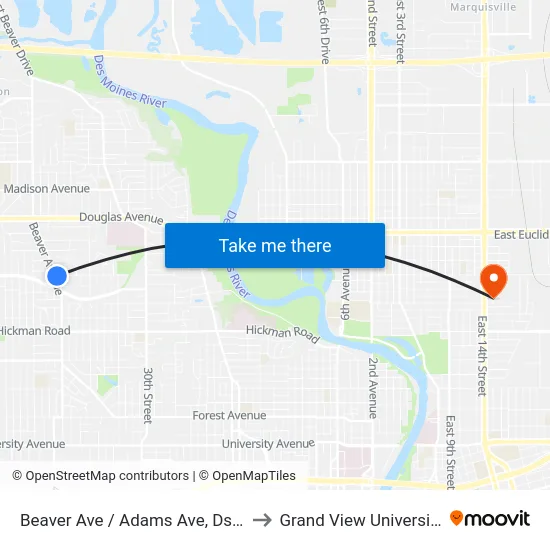 Beaver Ave / Adams Ave, Dsm to Grand View University map