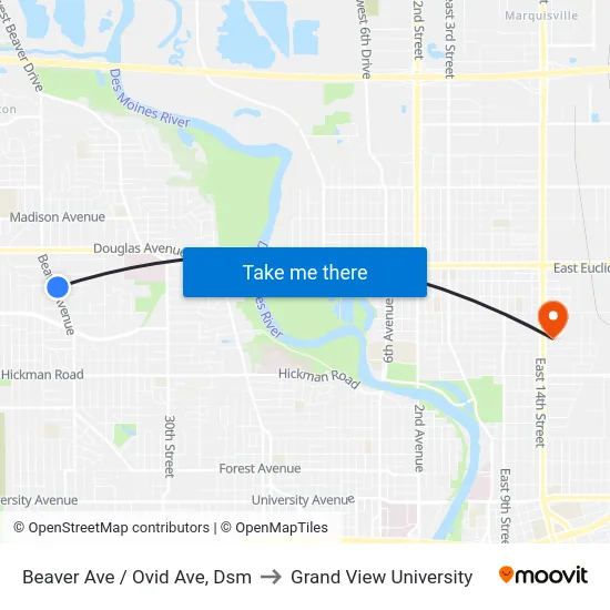 Beaver Ave / Ovid Ave, Dsm to Grand View University map