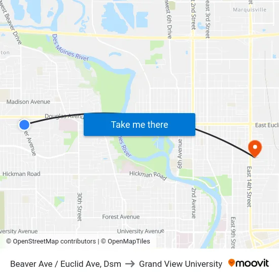 Beaver Ave / Euclid Ave, Dsm to Grand View University map