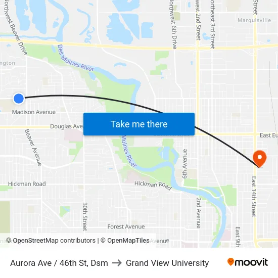 Aurora Ave / 46th St, Dsm to Grand View University map
