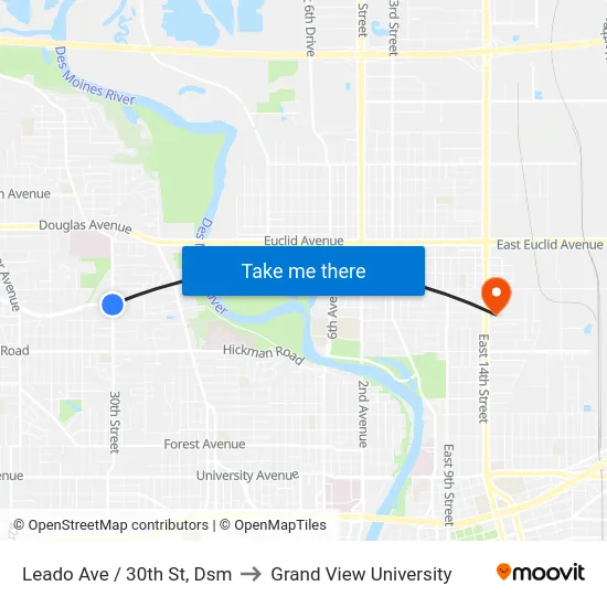 Leado Ave / 30th St, Dsm to Grand View University map