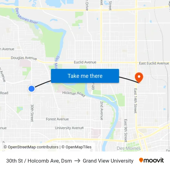 30th St / Holcomb Ave, Dsm to Grand View University map