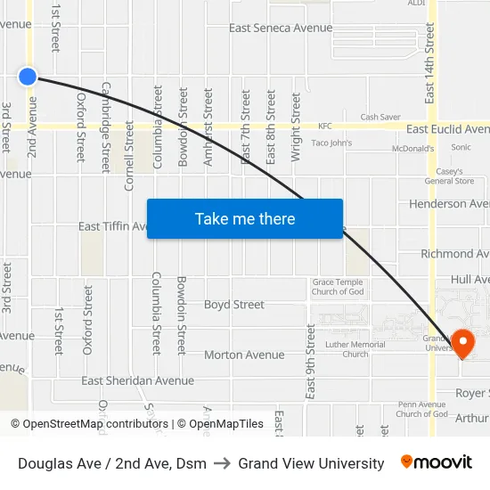 Douglas Ave / 2nd Ave, Dsm to Grand View University map