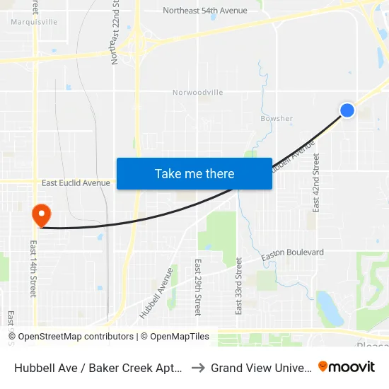 Hubbell Ave / Baker Creek Apts, Dsm to Grand View University map