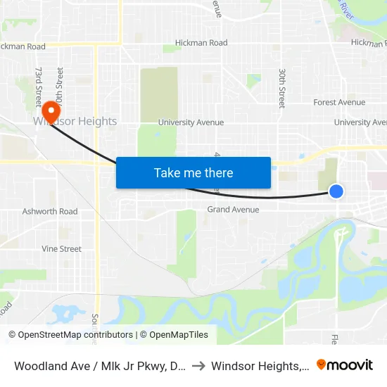 Woodland Ave / Mlk Jr Pkwy, Dsm to Windsor Heights, IA map