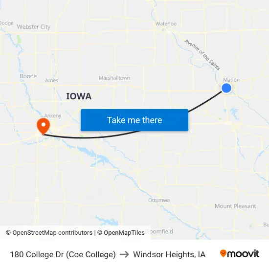 180 College Dr (Coe College) to Windsor Heights, IA map