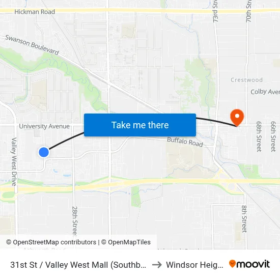31st St / Valley West Mall (Southbound), Wdm to Windsor Heights, IA map