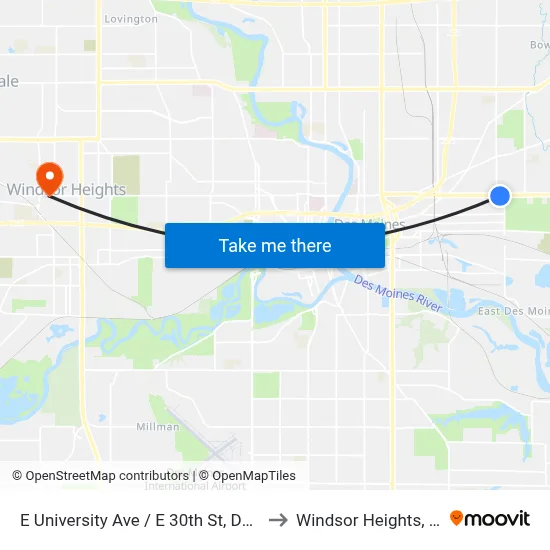 E University Ave / E 30th St, Dsm to Windsor Heights, IA map