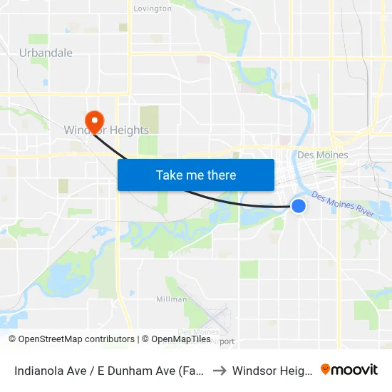 Indianola Ave / E Dunham Ave (Far-Side), Dsm to Windsor Heights, IA map