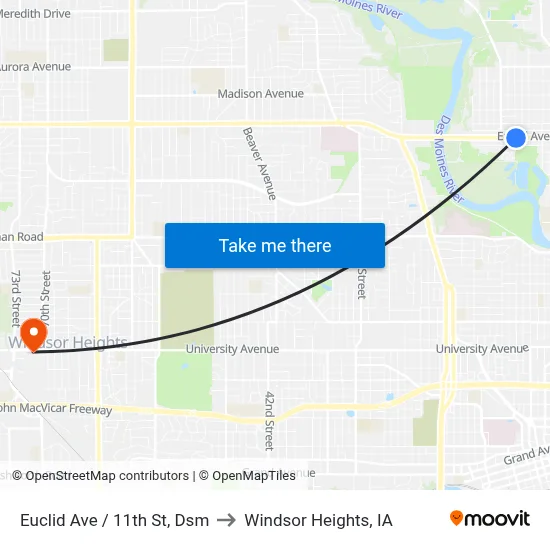 Euclid Ave / 11th St, Dsm to Windsor Heights, IA map