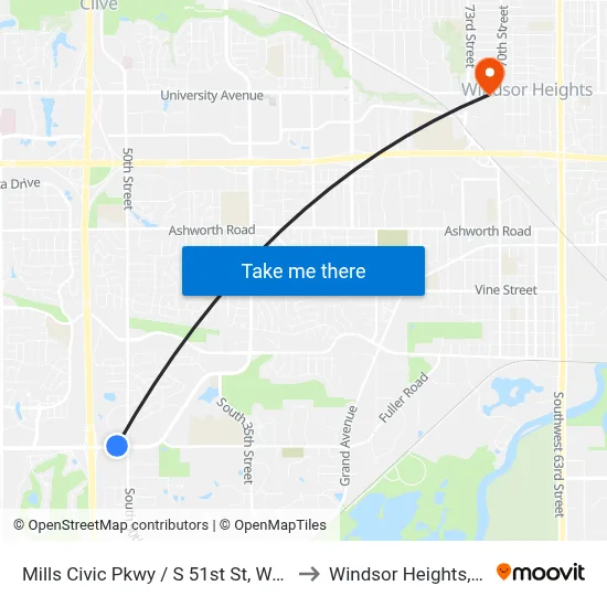Mills Civic Pkwy / S 51st St, Wdm to Windsor Heights, IA map